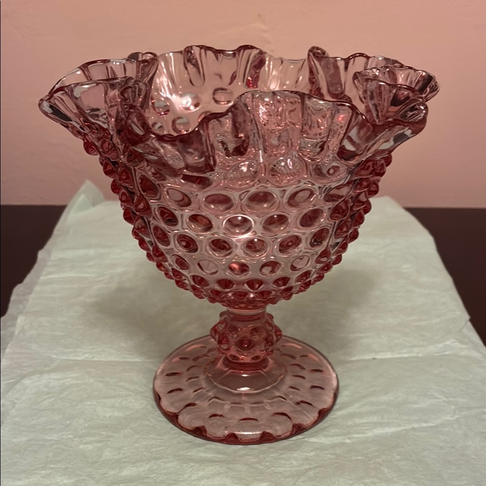 Vintage Imperial Glass Pink Hobnail Candy Dish – Footed, Ruffled Rim , 6 inches
